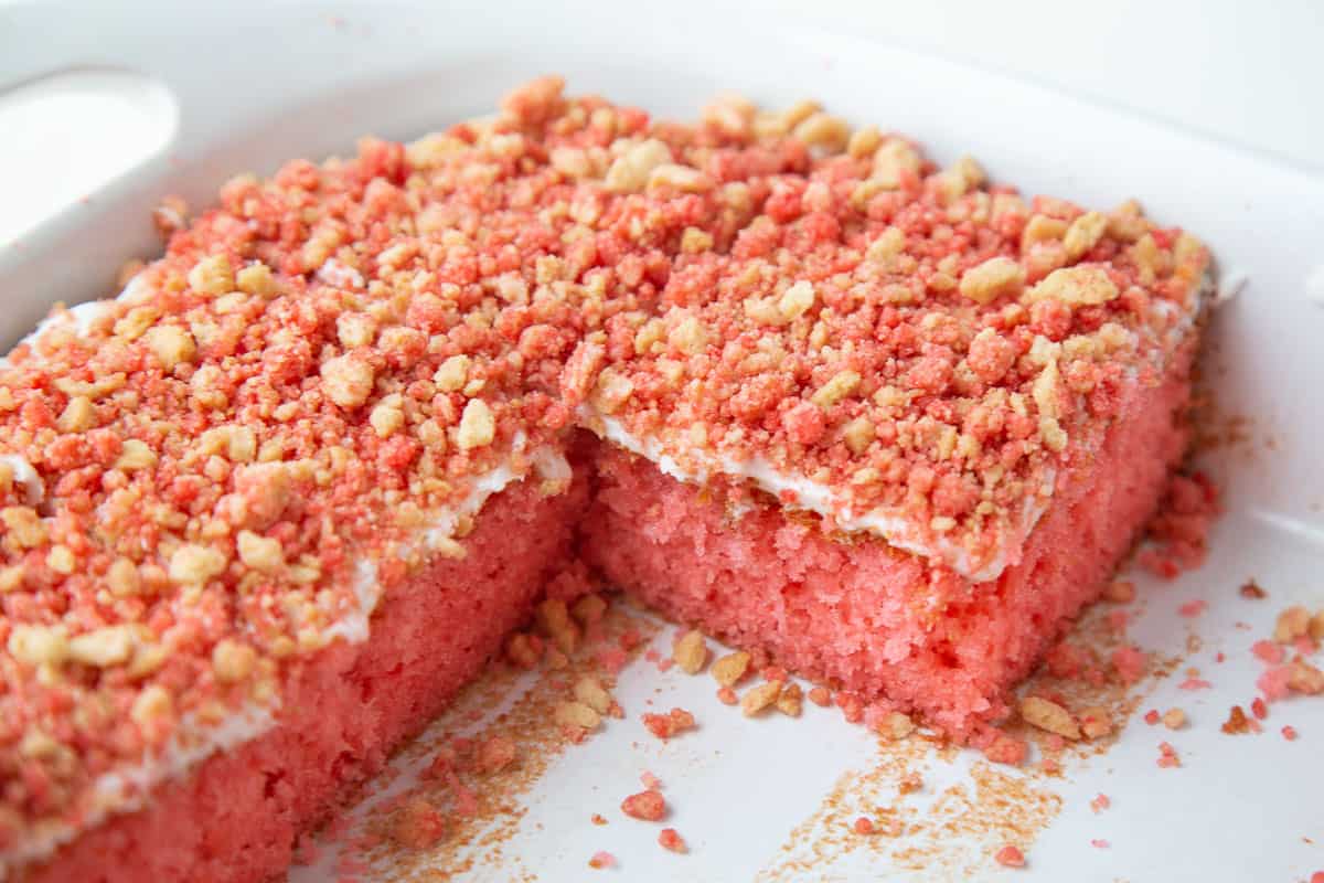 Scrumptious Strawberry Crunch Poke Cake