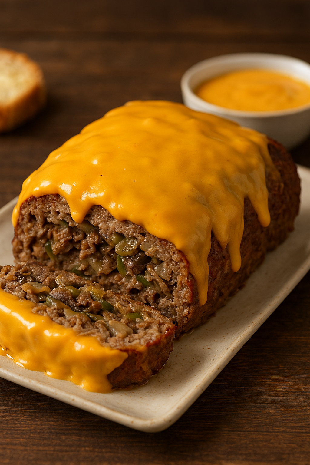 Philly Cheesesteak Meatloaf with Homemade Cheese Whiz