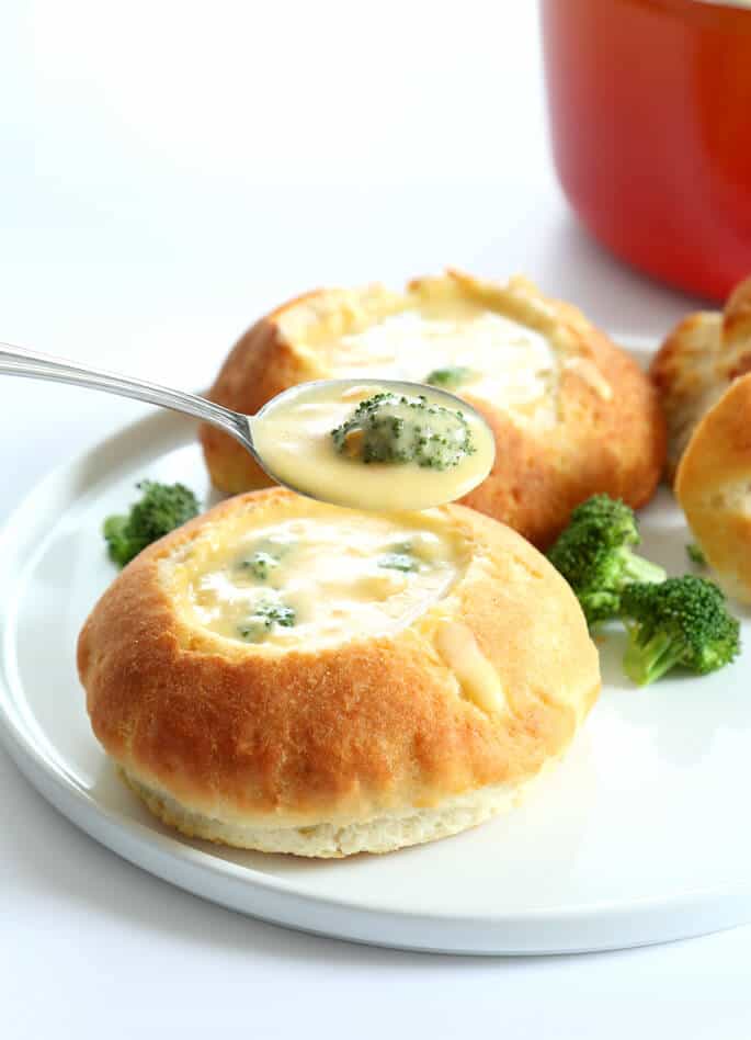 Creamy Broccoli Cheese Soup in Bread Bowls