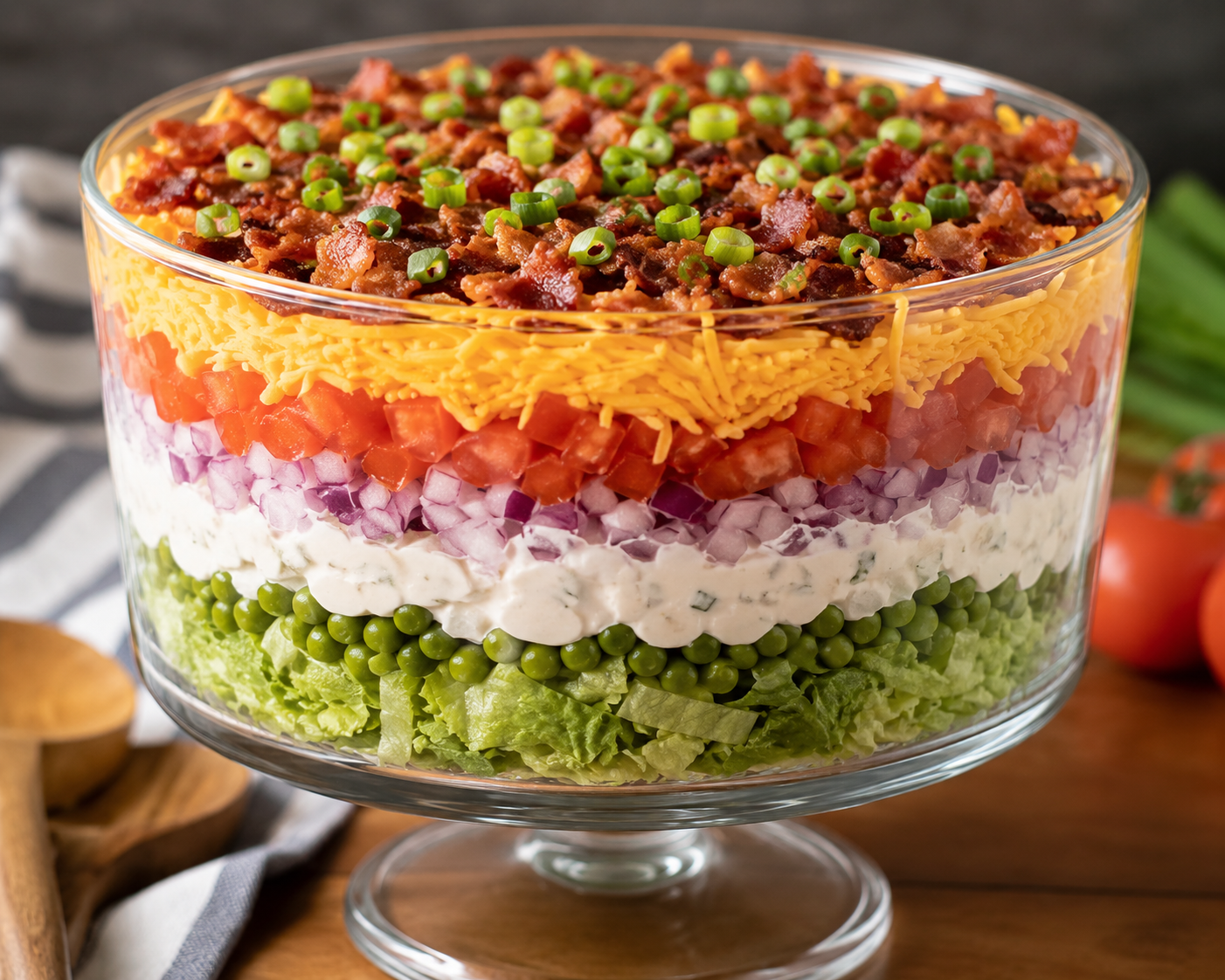 Easy Seven Layer Salad with Creamy Dressing
